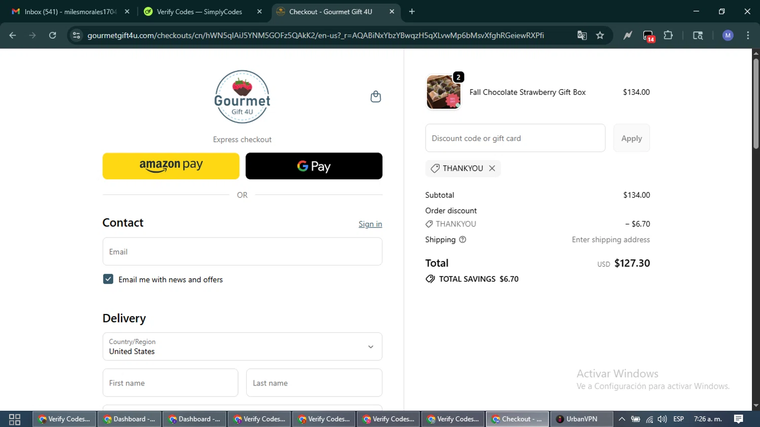 Gourmet Gift 4U promo code screenshot showing code THANKYOU applied at Gourmet Gift 4U checkout page. Uploaded by SimplyCodes community member PrimeFox5260 on Nov 29, 2025