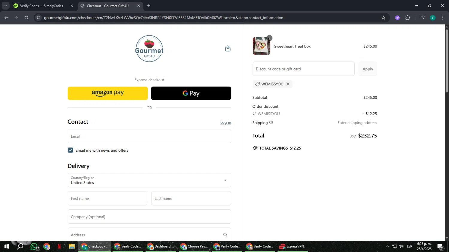 Gourmet Gift 4U promo code screenshot showing code wemissyou applied at Gourmet Gift 4U checkout page. Uploaded by SimplyCodes community member FrugalCaptain6906 on Apr 25, 2025