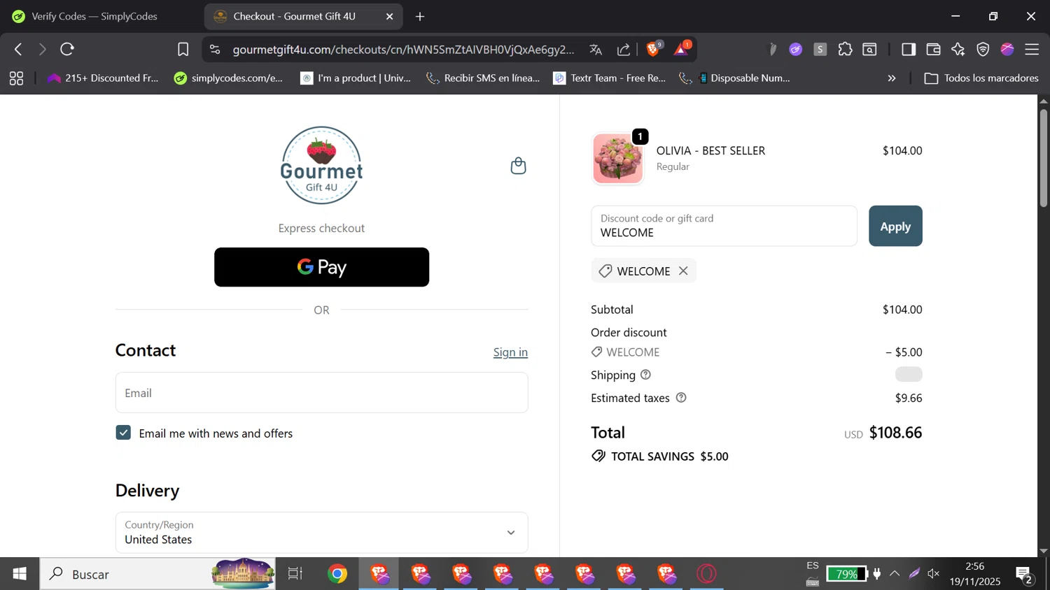 Gourmet Gift 4U promo code screenshot showing code WELCOME applied at Gourmet Gift 4U checkout page. Uploaded by SimplyCodes community member DORIANGEL on Nov 19, 2025