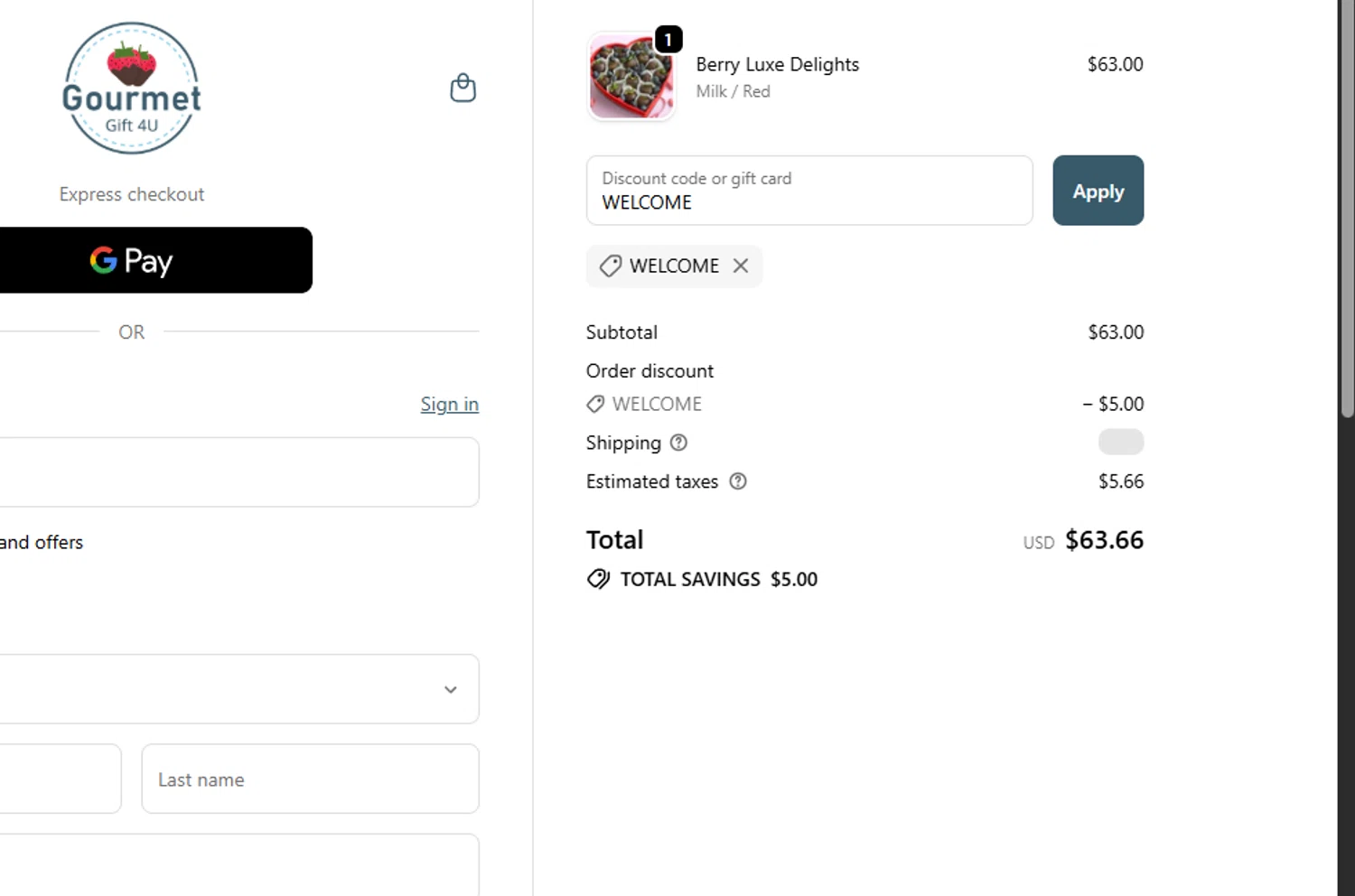 Gourmet Gift 4U promo code screenshot showing code WELCOME applied at Gourmet Gift 4U checkout page. Uploaded by SimplyCodes community member Dejadepicharme on Oct 22, 2025