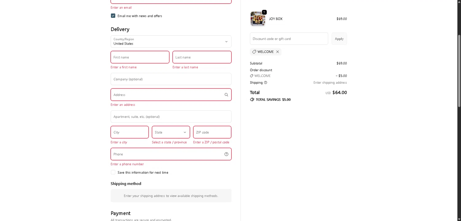 Gourmet Gift 4U checkout page showing Gourmet Gift 4U promo code box | Screenshot taken by SimplyCodes community member on Jan 7, 2026