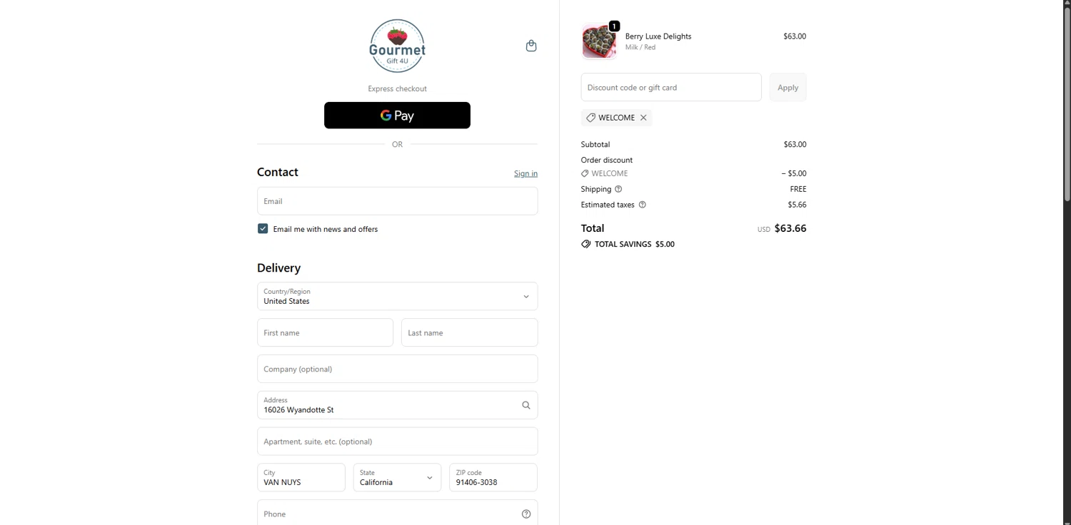 Gourmet Gift 4U promo code screenshot showing code WELCOME applied at Gourmet Gift 4U checkout page. Uploaded by SimplyCodes community member FortunateSeeker4672 on Nov 1, 2025