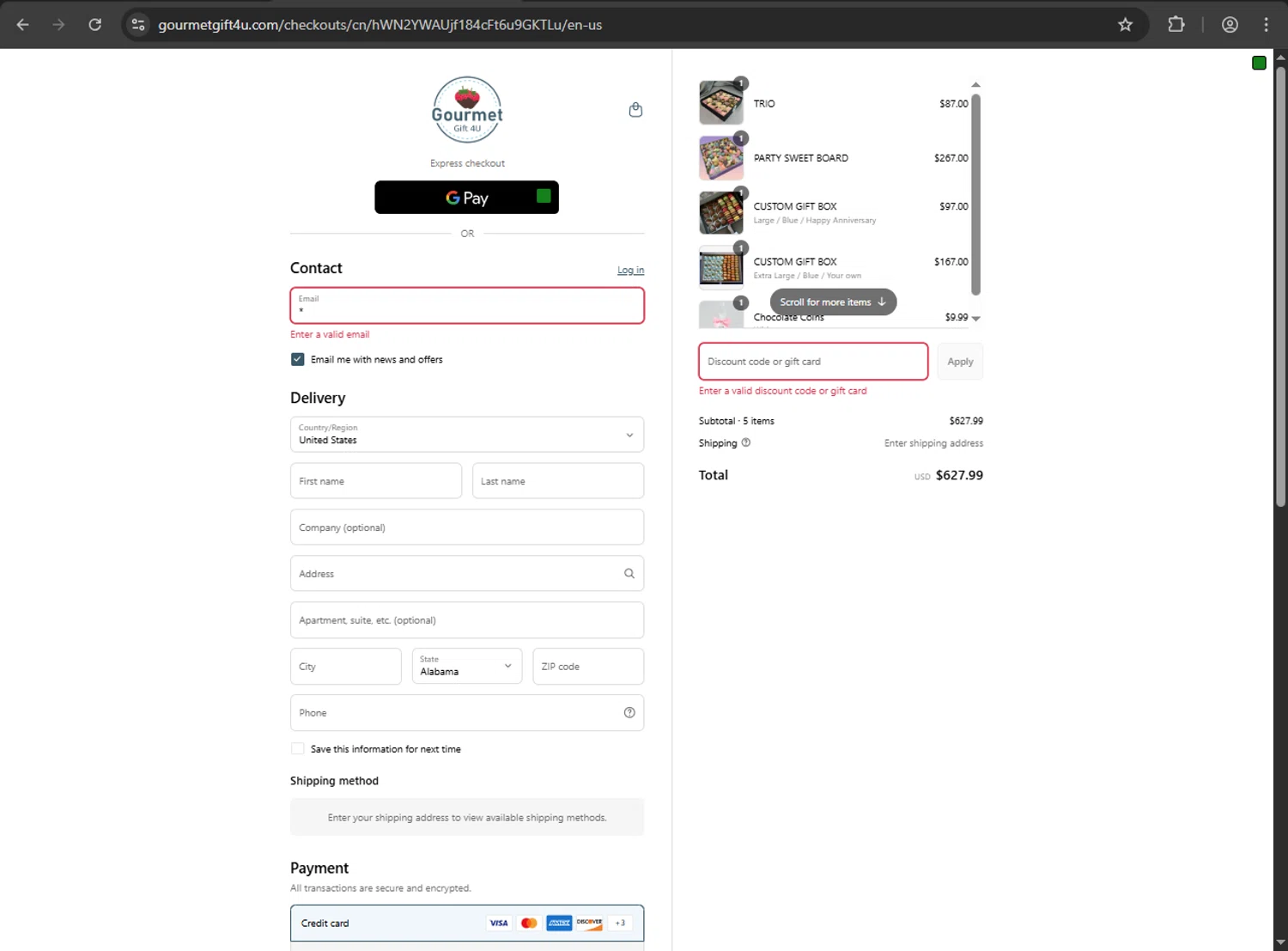Gourmet Gift 4U promo code screenshot showing code SCHOOL5 applied at Gourmet Gift 4U checkout page. Uploaded by SimplyCodes community member kaiserser on Sep 3, 2025