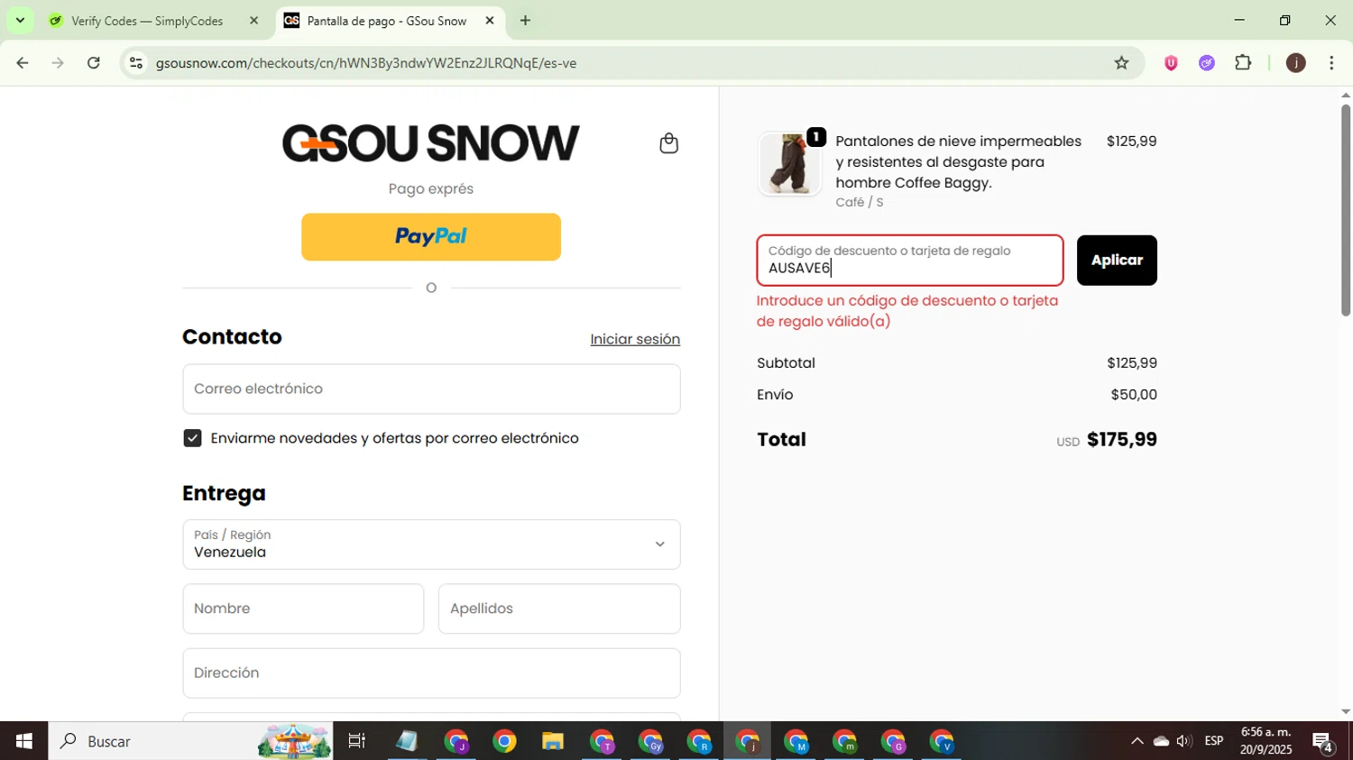 Gou Snow promo code screenshot showing code AUSAVE6 applied at Gou Snow checkout page. Uploaded by SimplyCodes community member WonderEagle9833 on Sep 20, 2025