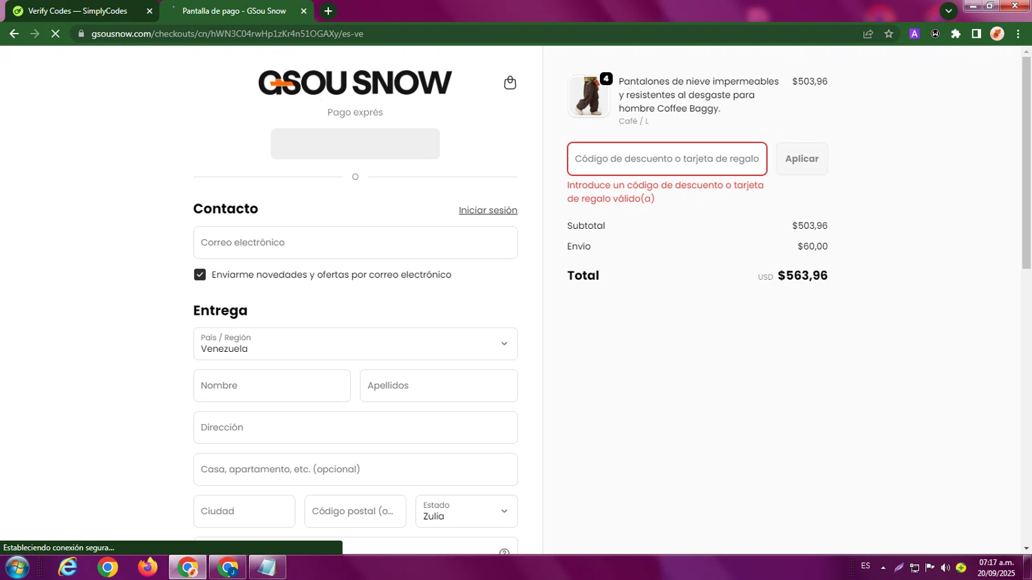 Gou Snow promo code screenshot showing code AUSAVE45 applied at Gou Snow checkout page. Uploaded by SimplyCodes community member LegendaryBoss7060 on Sep 20, 2025