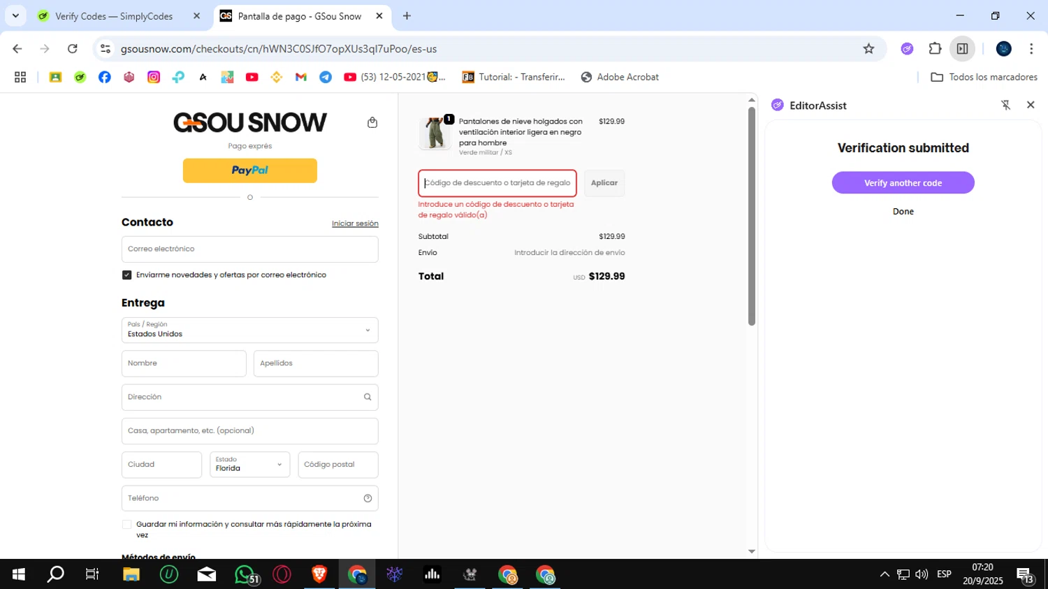Gou Snow promo code screenshot showing code AUSAVE45 applied at Gou Snow checkout page. Uploaded by SimplyCodes community member SunJinWoo on Sep 20, 2025