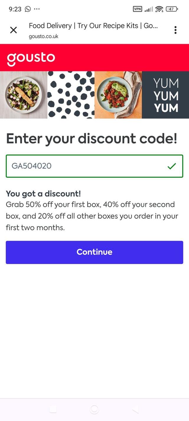 Gousto checkout page showing Gousto promo code box | Screenshot taken by SimplyCodes community member on Aug 25, 2025