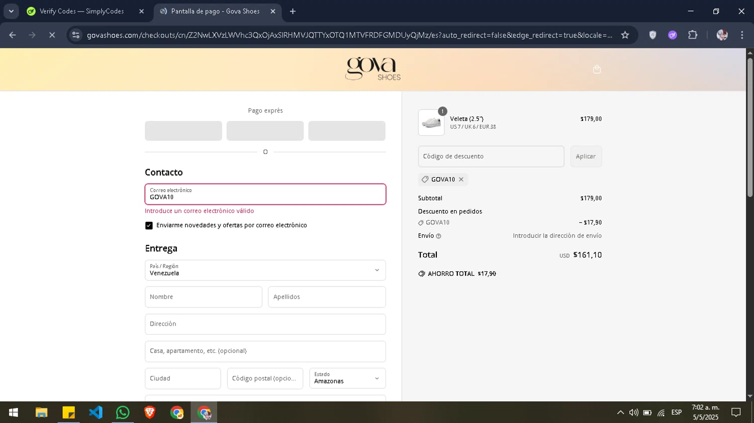Gova Shoes promo code screenshot showing code GOVA10 applied at Gova Shoes checkout page. Uploaded by SimplyCodes community member Pansito on May 5, 2025