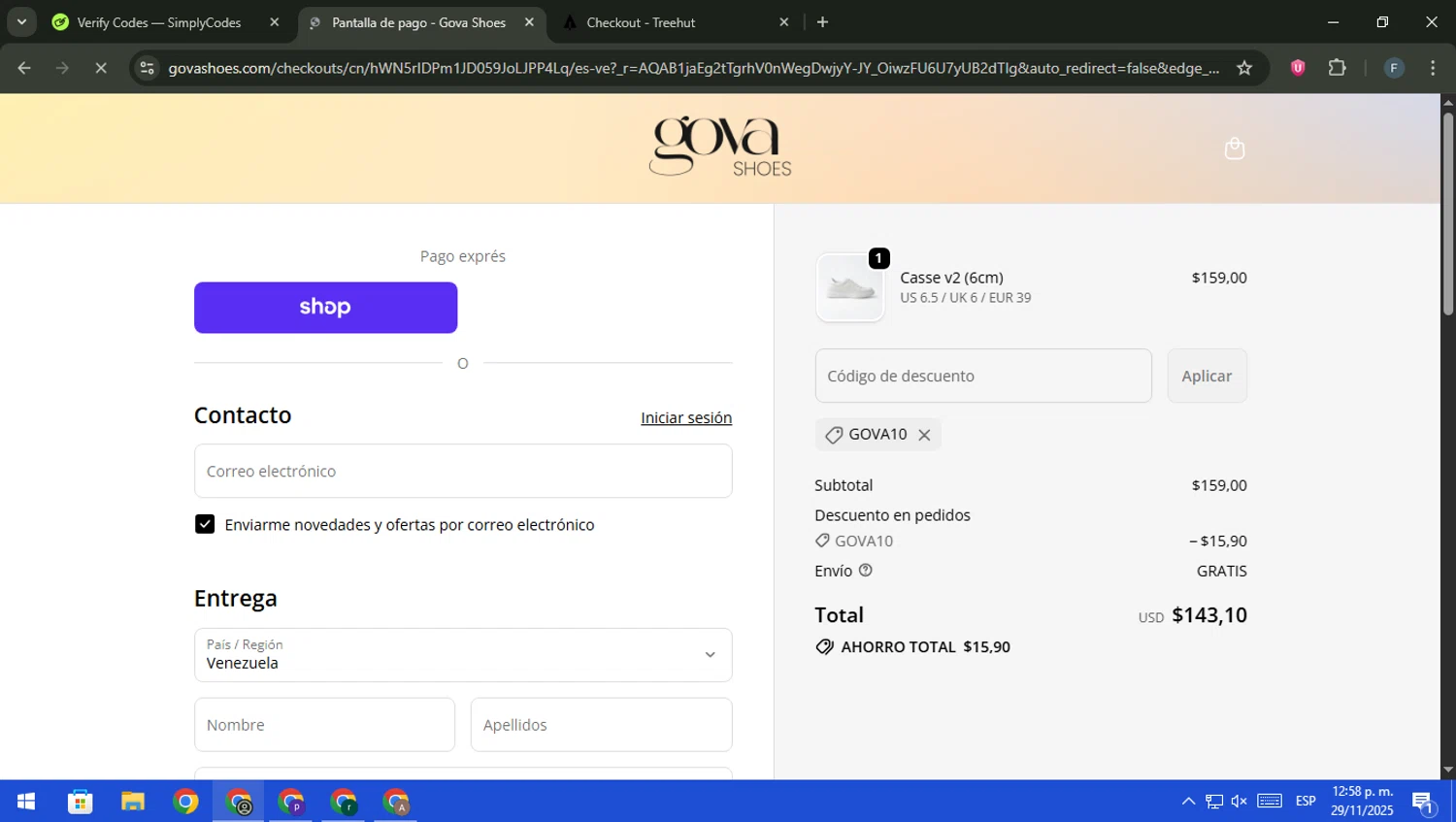 Gova Shoes promo code screenshot showing code GOVA10 applied at Gova Shoes checkout page. Uploaded by SimplyCodes community member pajarito on Nov 29, 2025
