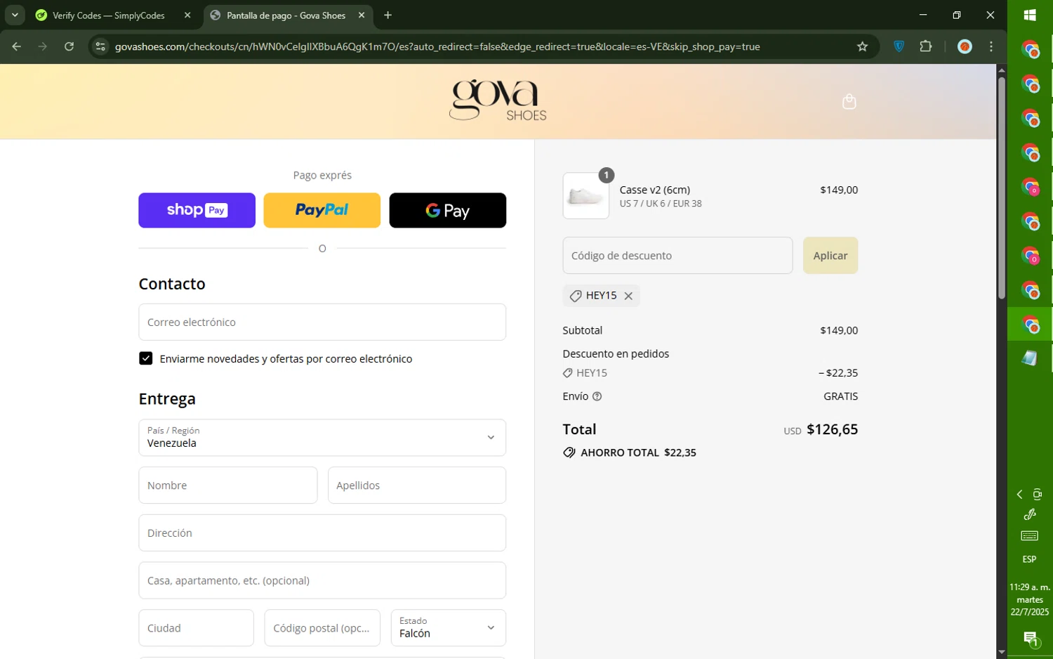 Gova Shoes promo code screenshot showing code HEY15 applied at Gova Shoes checkout page. Uploaded by SimplyCodes community member CashMaverick8128 on Jul 22, 2025