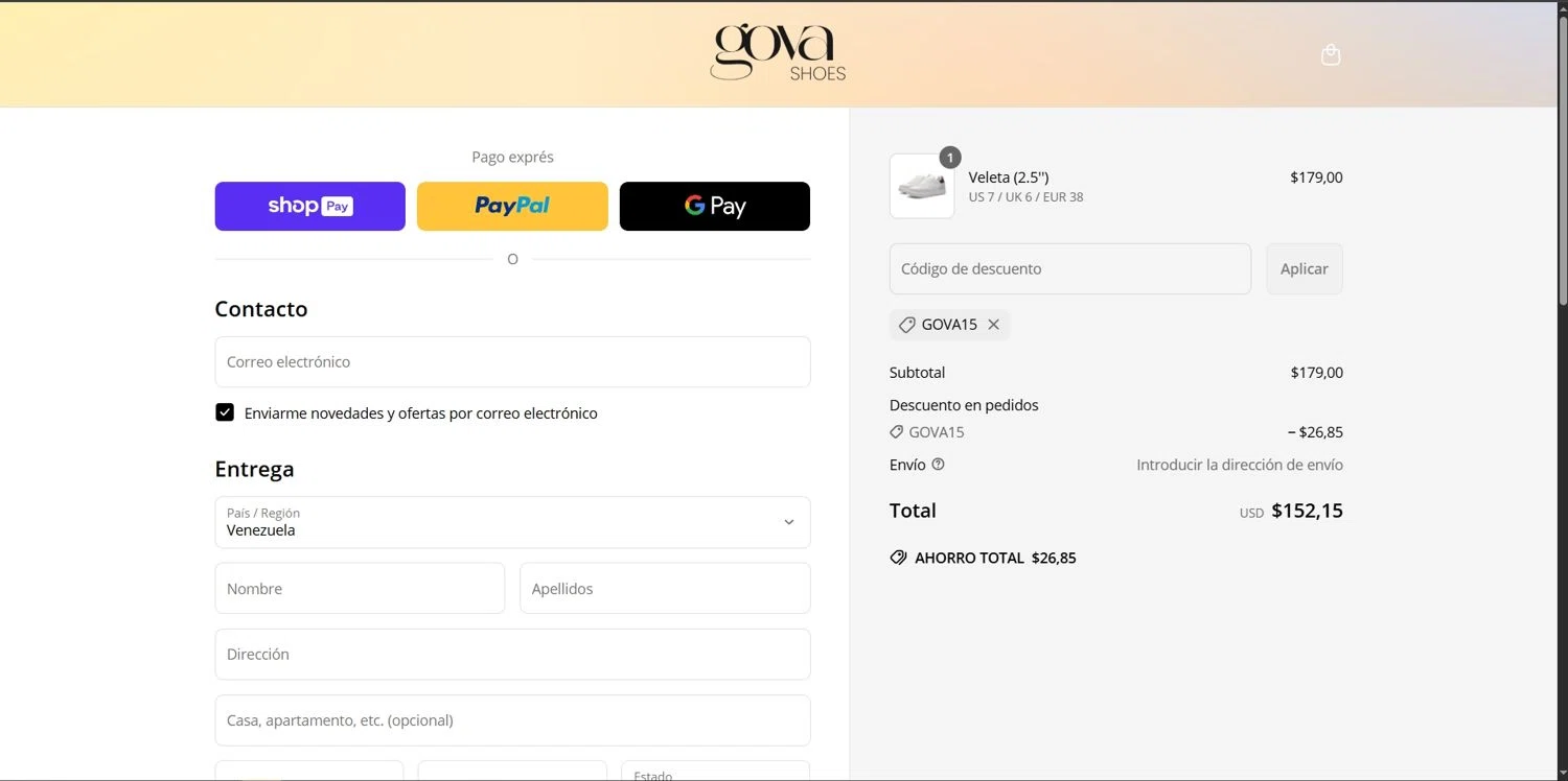 Gova Shoes promo code screenshot showing code GOVA15 applied at Gova Shoes checkout page. Uploaded by SimplyCodes community member Depressive on May 26, 2025