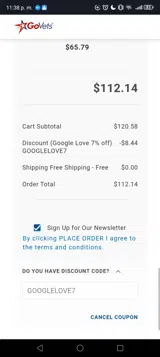 GOOGLELOVE7 coupon verification screenshot