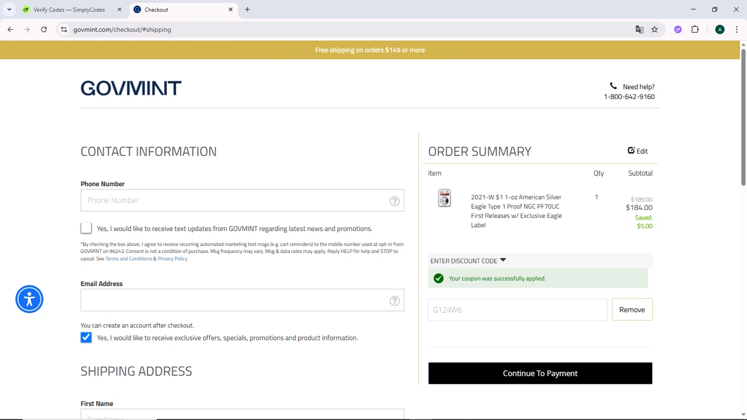 GovMint discount code screenshot showing code G124W6 applied at GovMint checkout page. Uploaded by SimplyCodes community member DiscountCurator2907 on Jun 11, 2025