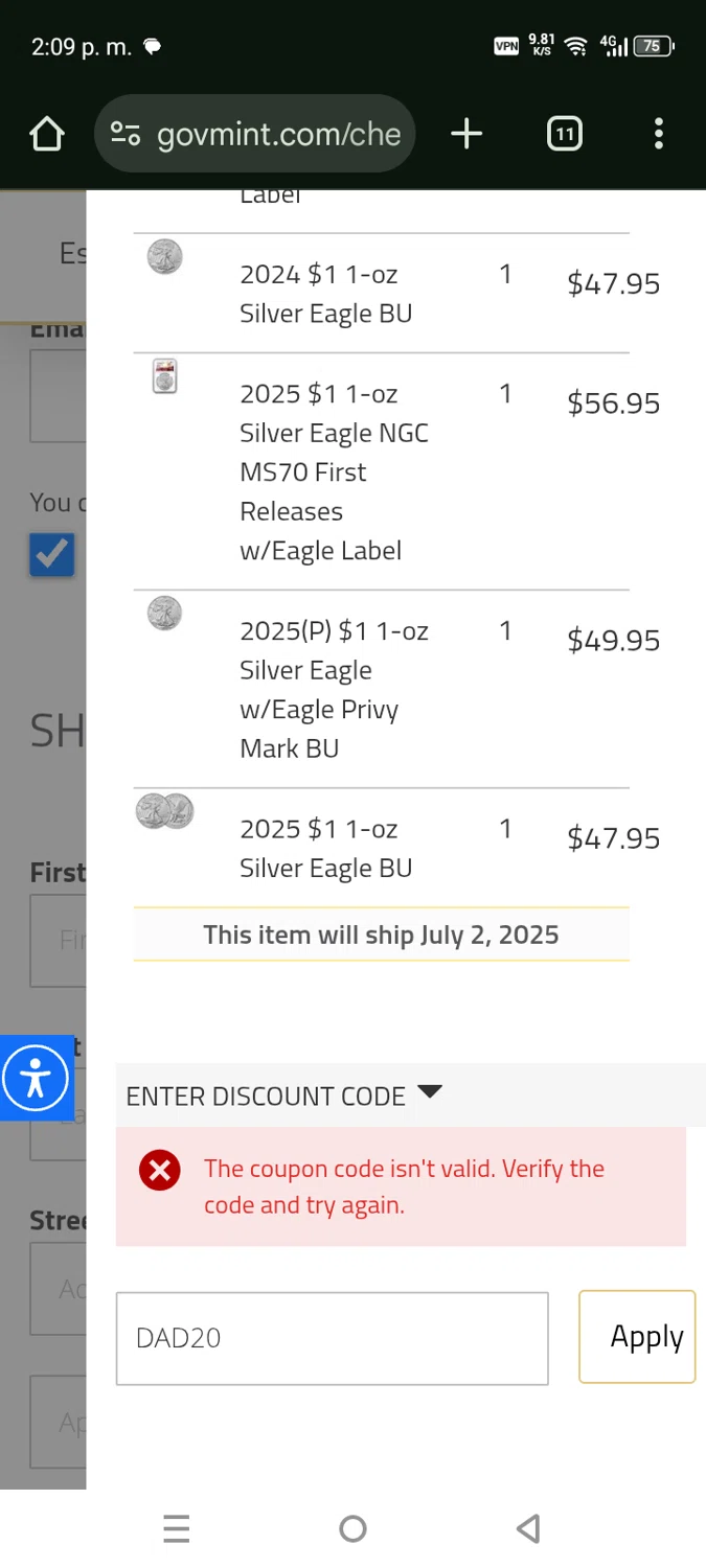GovMint discount code screenshot showing code DAD20 applied at GovMint checkout page. Uploaded by SimplyCodes community member EpicHero3429 on Jun 22, 2025