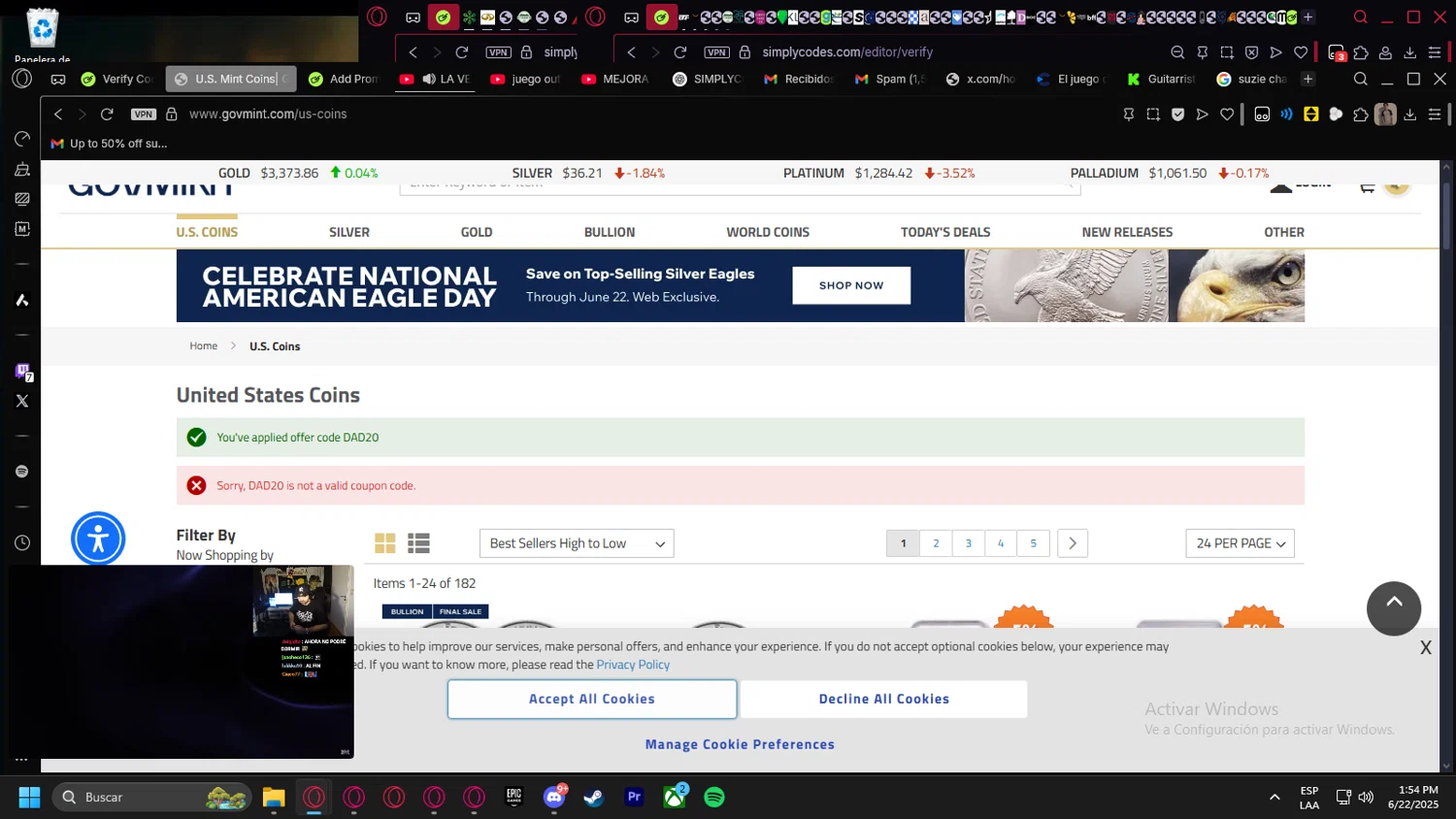 GovMint discount code screenshot showing code DAD20 applied at GovMint checkout page. Uploaded by SimplyCodes community member kurcovein on Jun 22, 2025