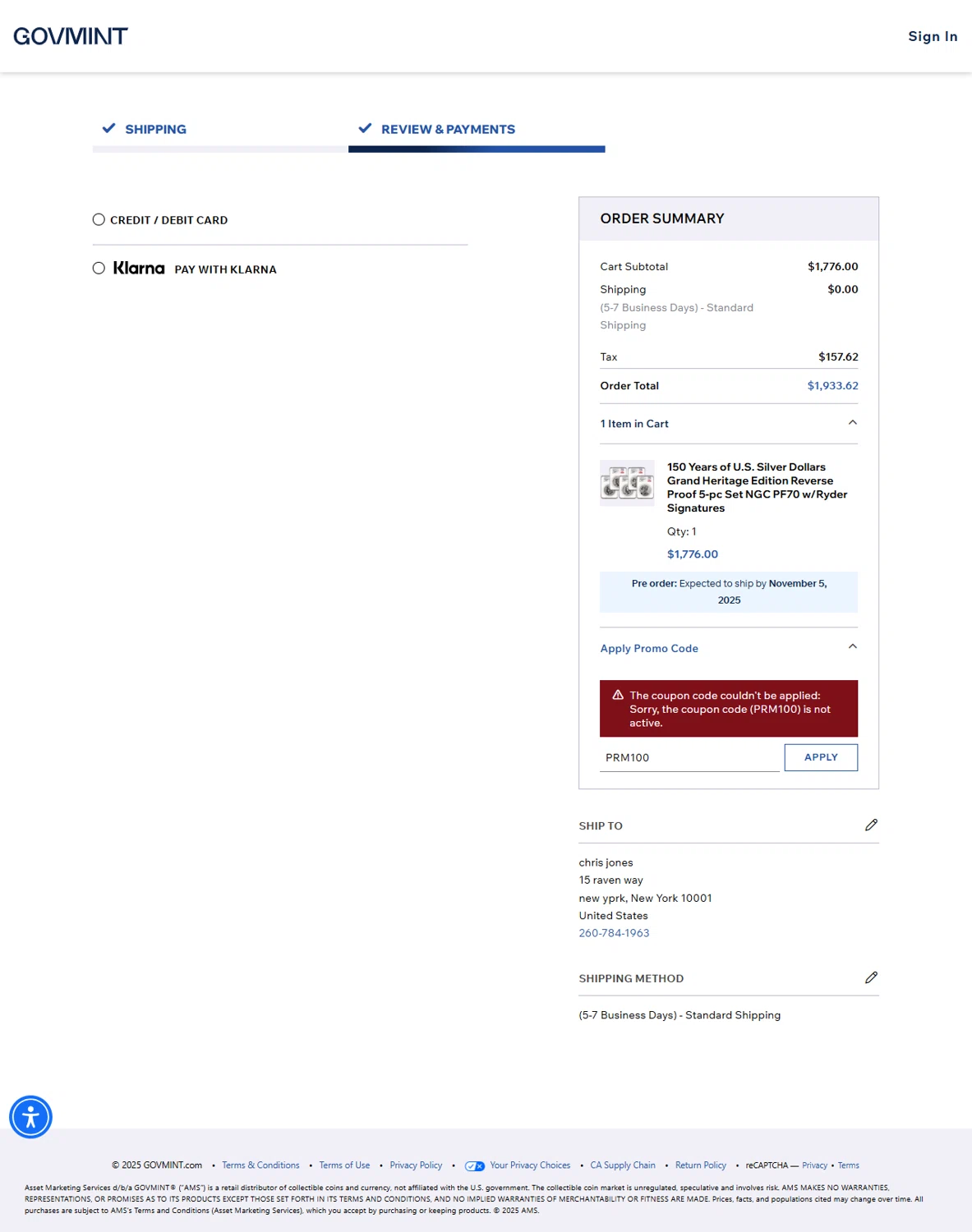 GovMint discount code screenshot showing code PRM100 applied at GovMint checkout page. Uploaded by SimplyCodes community member TomaTuYukota on Nov 5, 2025