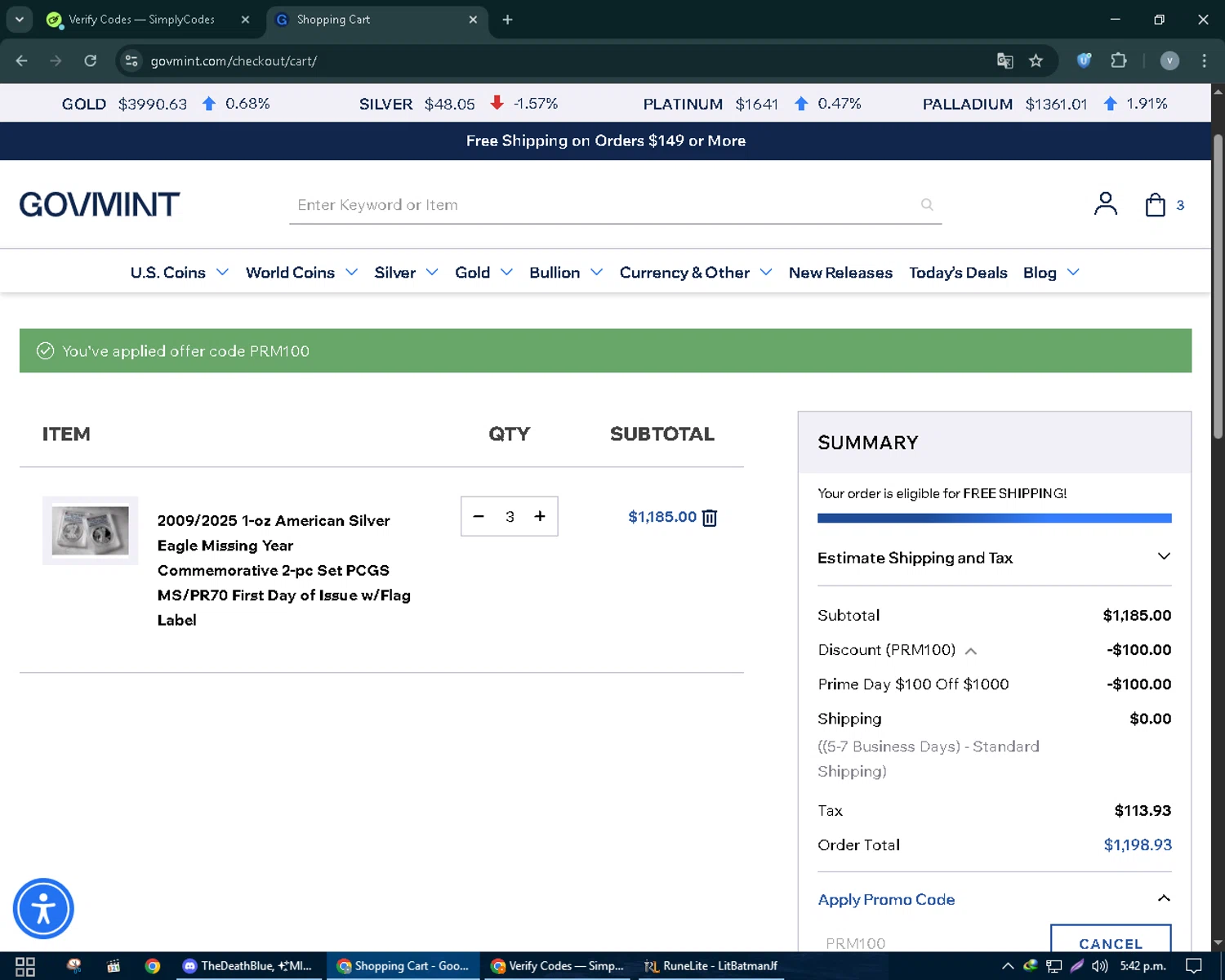 GovMint discount code screenshot showing code PRM100 applied at GovMint checkout page. Uploaded by SimplyCodes community member charmander589 on Oct 7, 2025