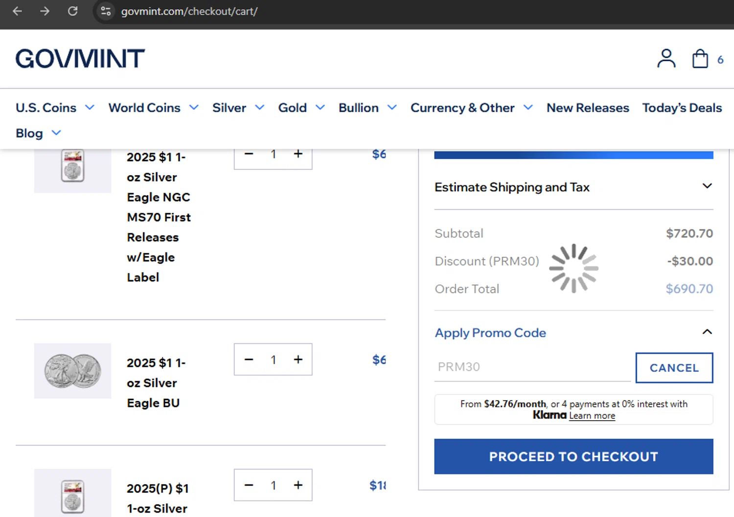 GovMint checkout page showing GovMint discount code box | Screenshot taken by SimplyCodes community member on Oct 7, 2025