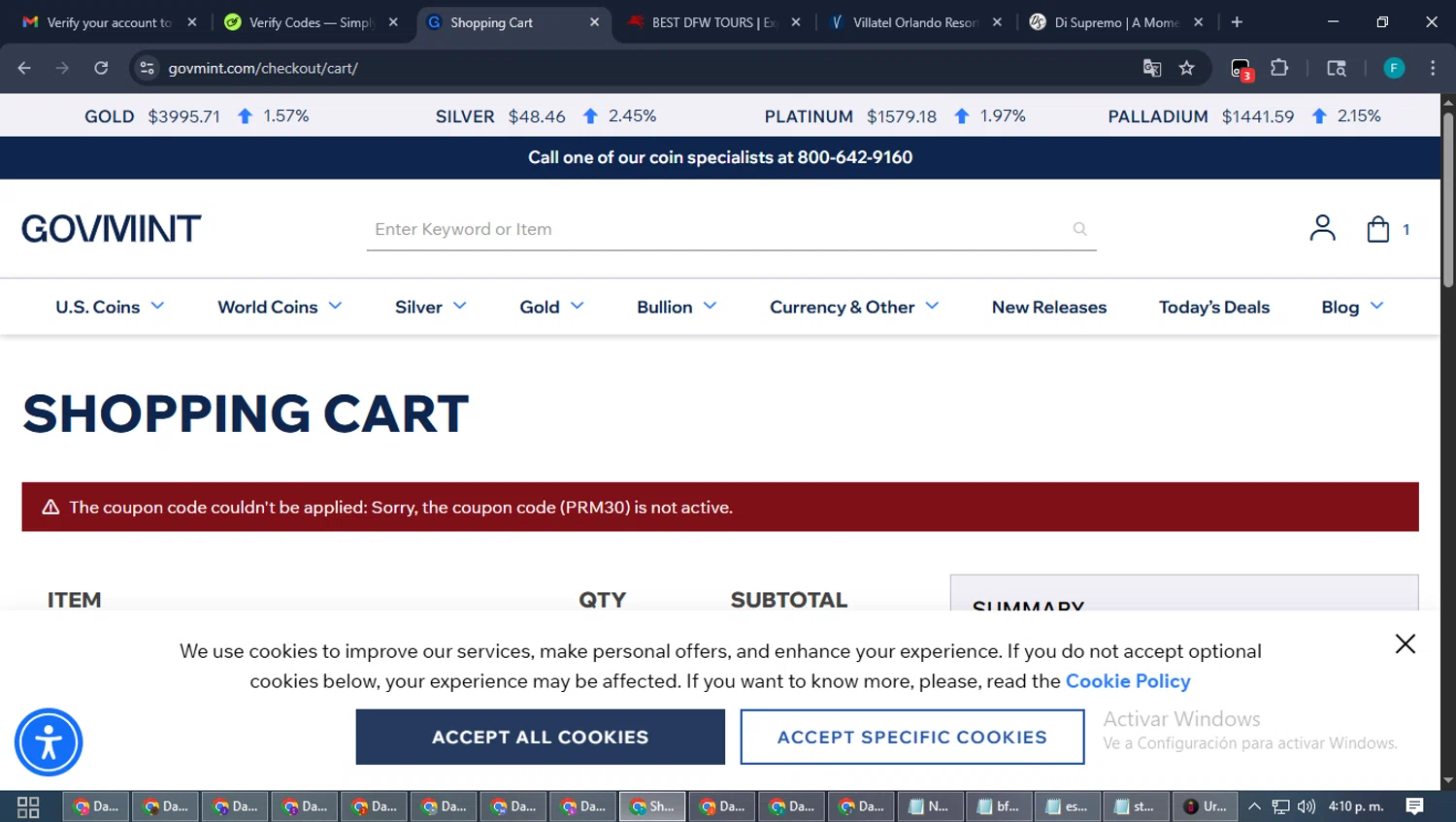 GovMint discount code screenshot showing code PRM30 applied at GovMint checkout page. Uploaded by SimplyCodes community member ShrewdTitan3233 on Nov 5, 2025