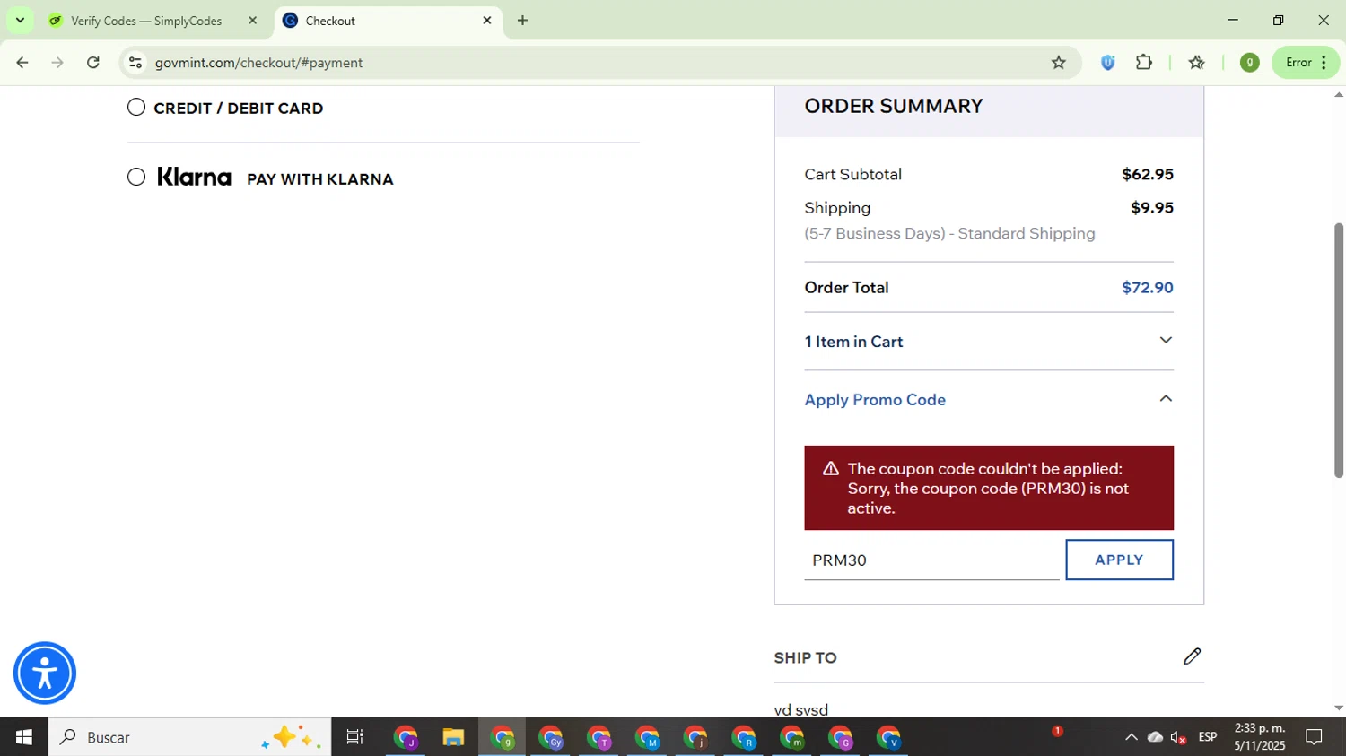GovMint discount code screenshot showing code PRM30 applied at GovMint checkout page. Uploaded by SimplyCodes community member ValiantMaestro6680 on Nov 5, 2025