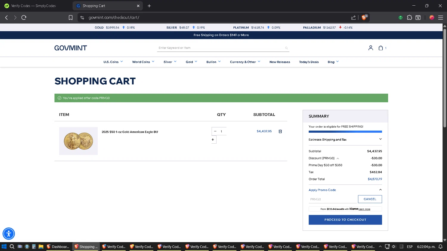 GovMint checkout page showing GovMint discount code box | Screenshot taken by SimplyCodes community member on Oct 7, 2025