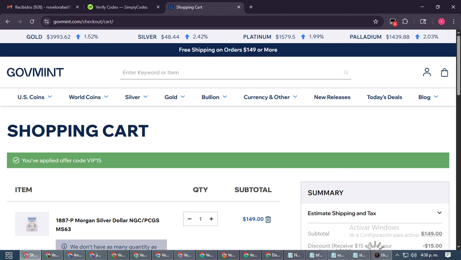 GovMint discount code screenshot showing code VIP15 applied at GovMint checkout page. Uploaded by SimplyCodes community member WisePro3739 on Nov 5, 2025