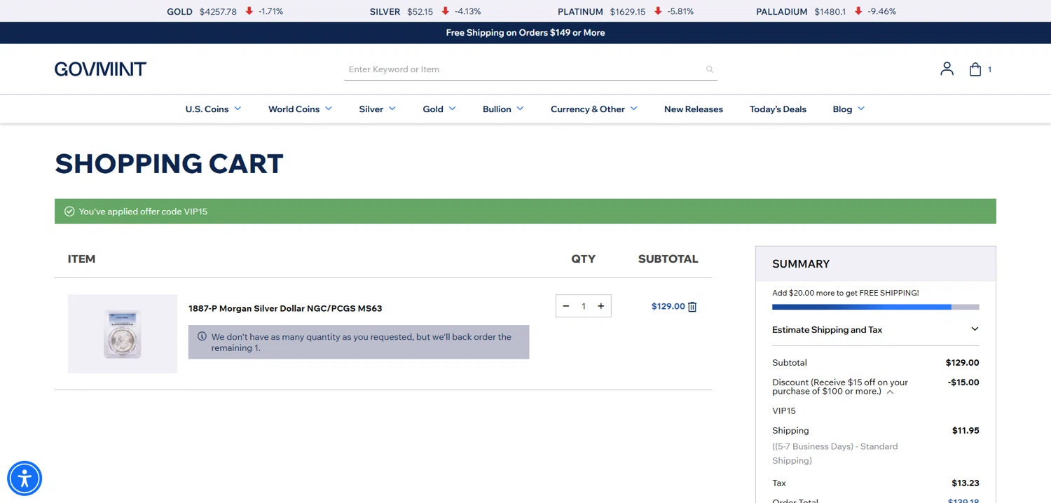 GovMint discount code screenshot showing code VIP15 applied at GovMint checkout page. Uploaded by SimplyCodes community member Dorothy on Oct 18, 2025