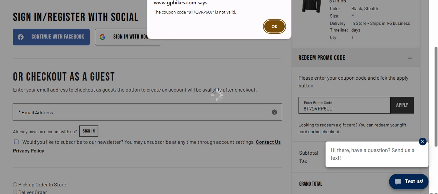 GP Bikes promo code screenshot showing code 8T7QVRP6UJ applied at GP Bikes checkout page. Uploaded by SimplyCodes community member QuestNavigator1687 on Mar 22, 2025