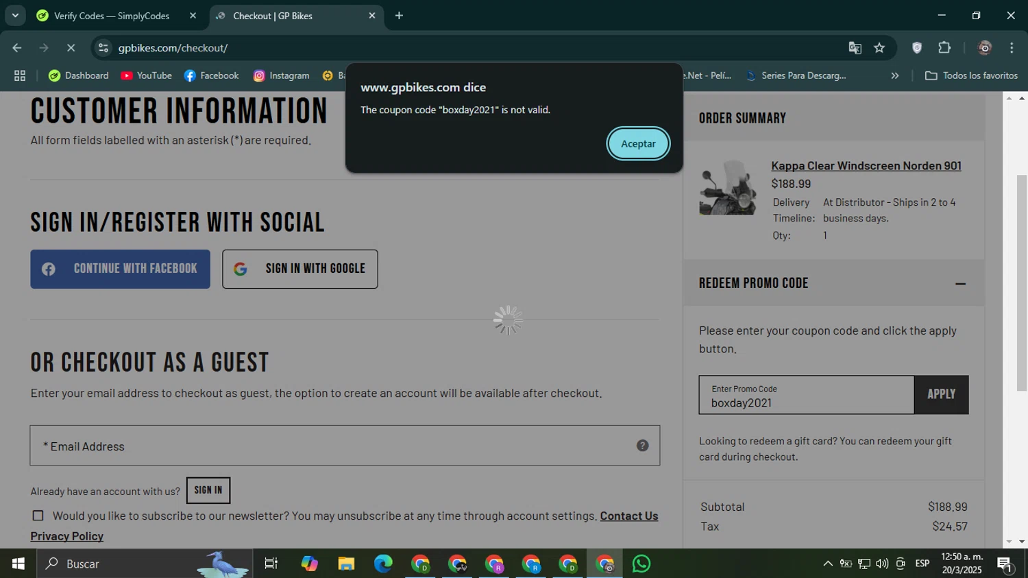 GP Bikes promo code screenshot showing code boxday2021 applied at GP Bikes checkout page. Uploaded by SimplyCodes community member Mroctober06 on Mar 20, 2025