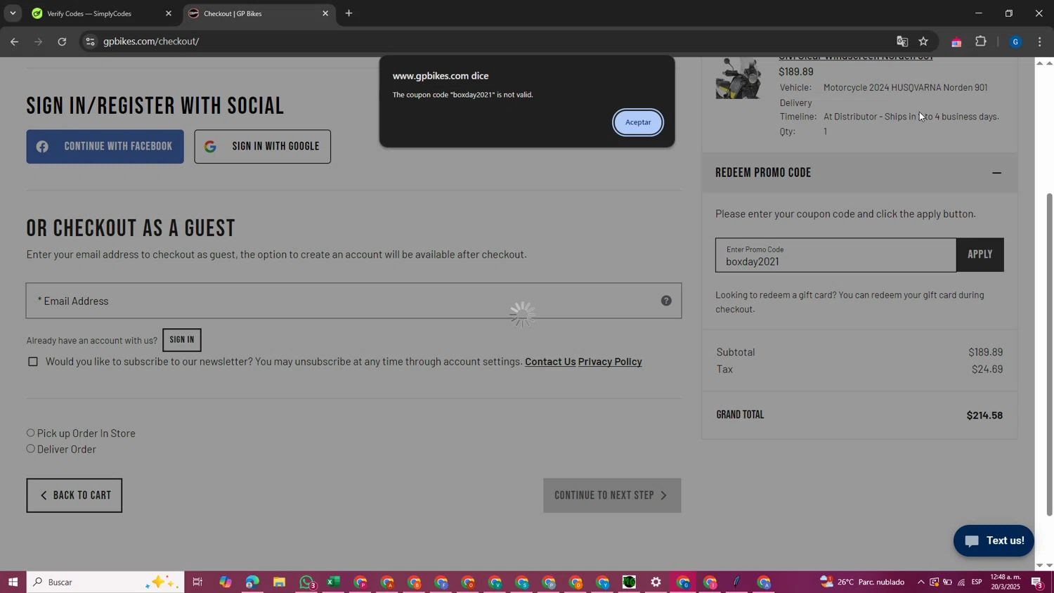 GP Bikes promo code screenshot showing code boxday2021 applied at GP Bikes checkout page. Uploaded by SimplyCodes community member SavvyMaverick3145 on Mar 20, 2025