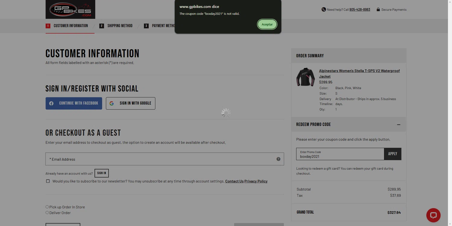 GP Bikes promo code screenshot showing code boxday2021 applied at GP Bikes checkout page. Uploaded by SimplyCodes community member DealOwl558 on Jan 13, 2025