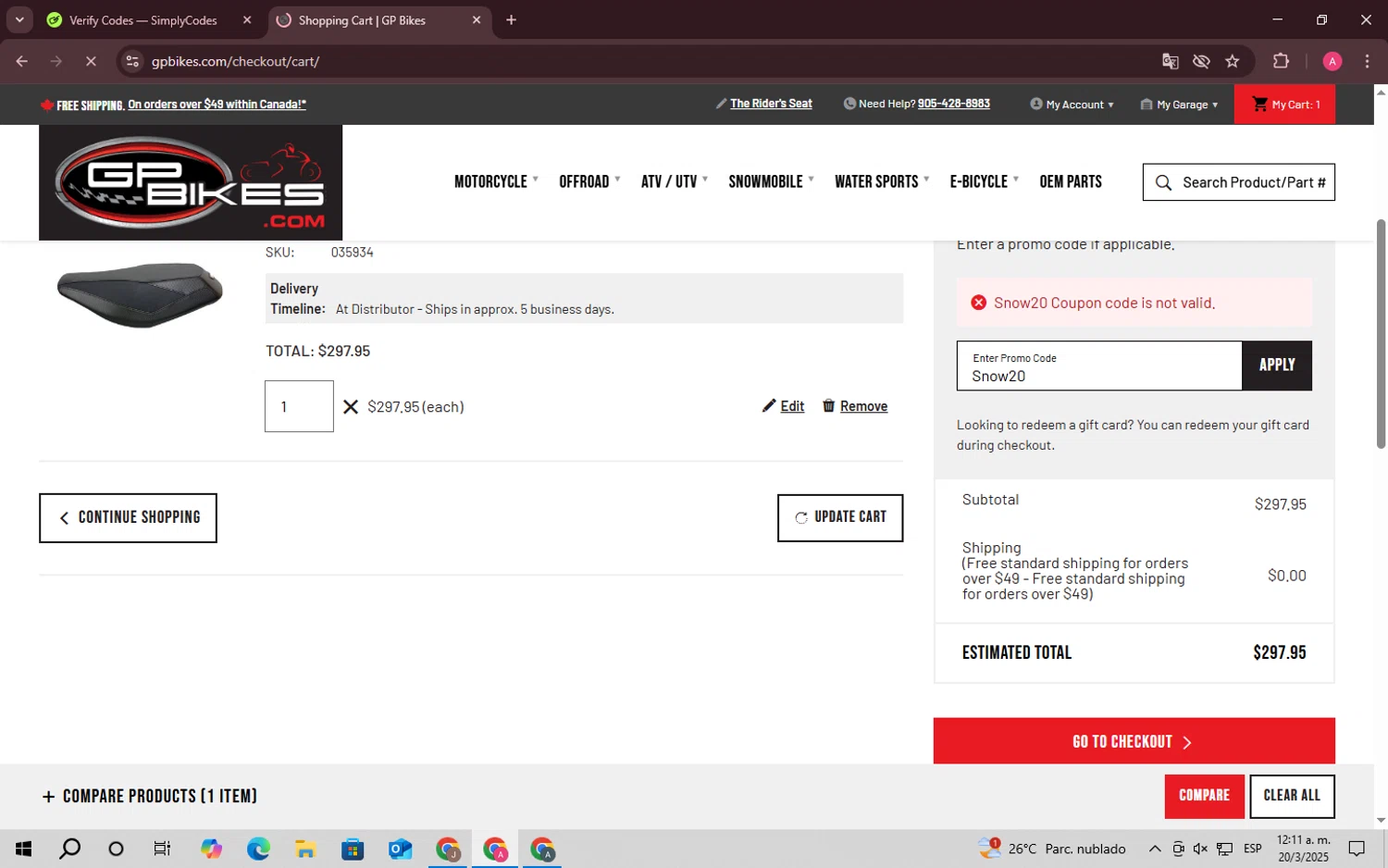 GP Bikes promo code screenshot showing code Snow20 applied at GP Bikes checkout page. Uploaded by SimplyCodes community member SaleScholar6713 on Mar 20, 2025