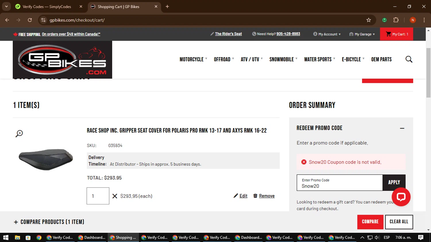 GP Bikes promo code screenshot showing code Snow20 applied at GP Bikes checkout page. Uploaded by SimplyCodes community member MagnificentScout194 on Dec 31, 2024