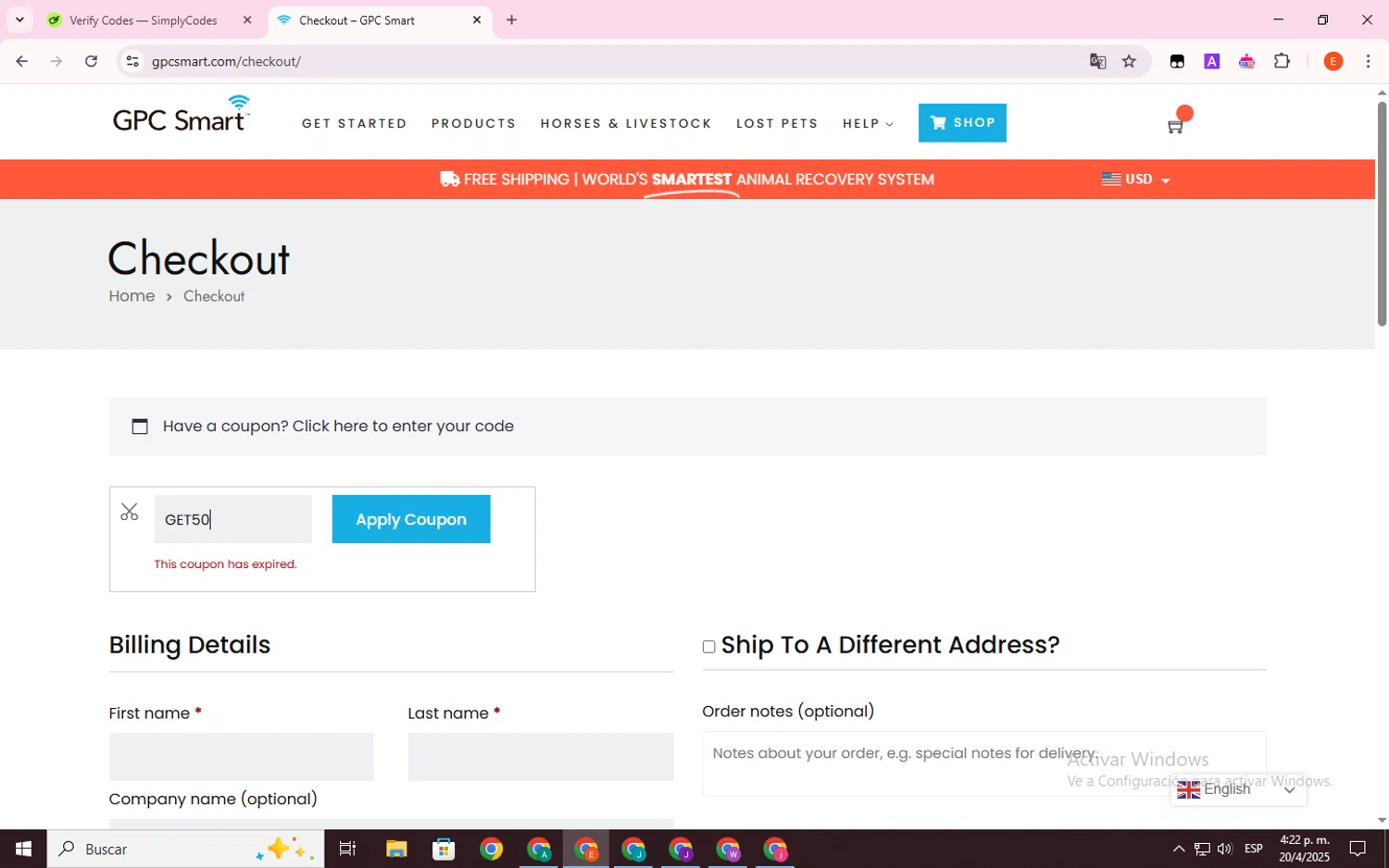 GPC Smart promo code screenshot showing code GET50 applied at GPC Smart checkout page. Uploaded by SimplyCodes community member BrilliantSage8401 on Apr 20, 2025