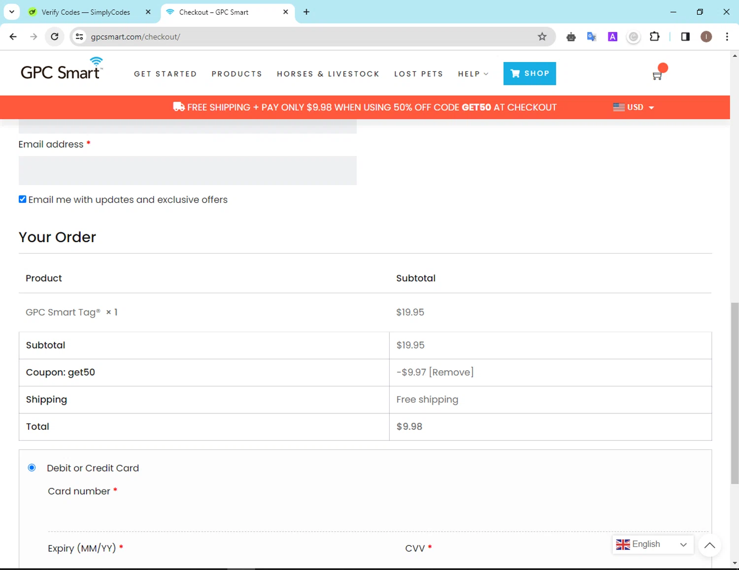 GPC Smart checkout page showing GPC Smart promo code box | Screenshot taken by SimplyCodes community member on Apr 4, 2024