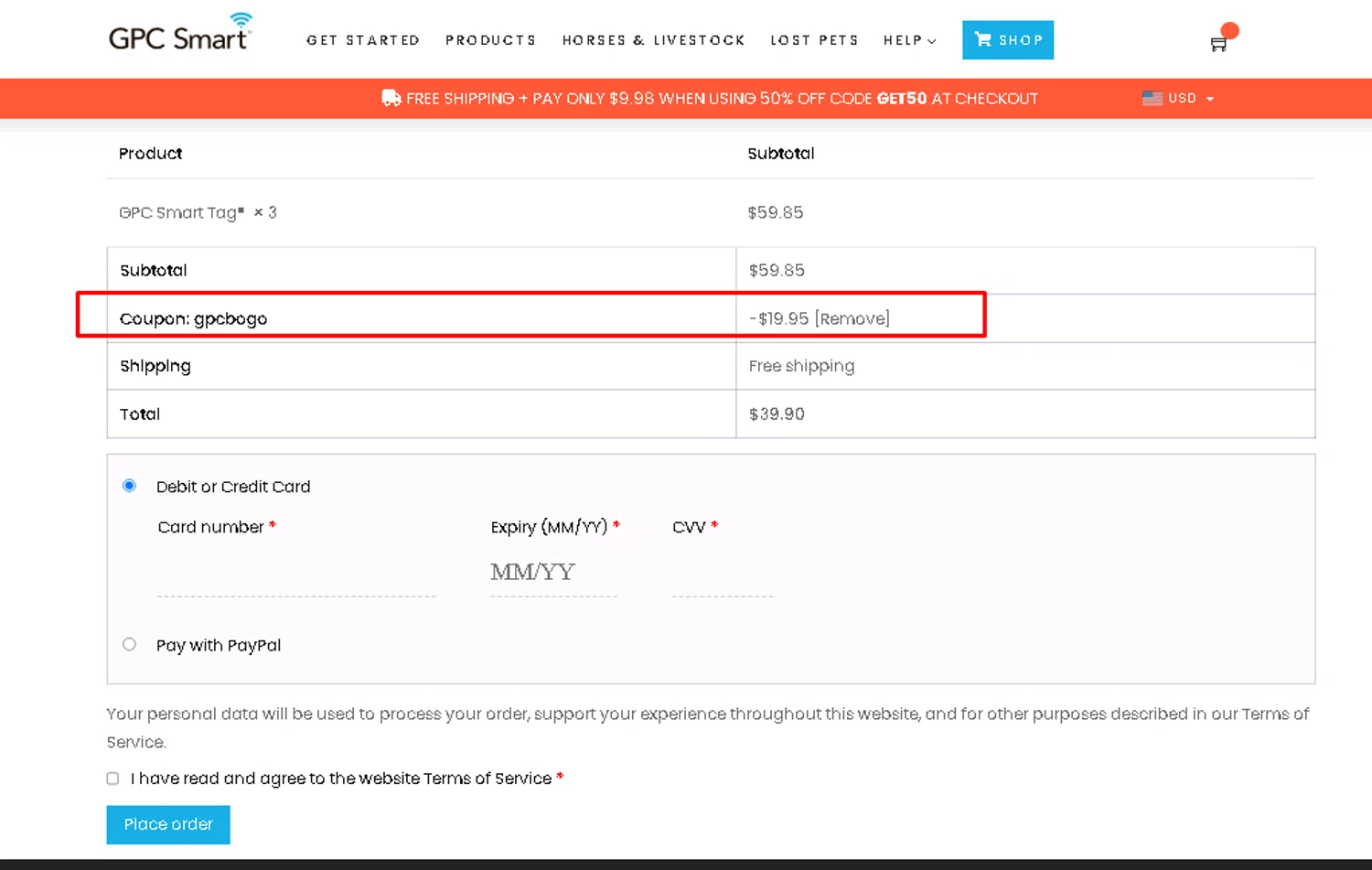 GPC Smart checkout page showing GPC Smart promo code box | Screenshot taken by SimplyCodes community member on Jan 30, 2024