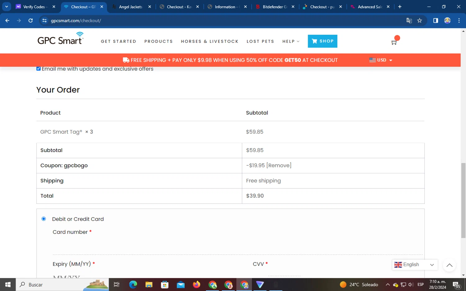 GPC Smart checkout page showing GPC Smart promo code box | Screenshot taken by SimplyCodes community member on Feb 28, 2024
