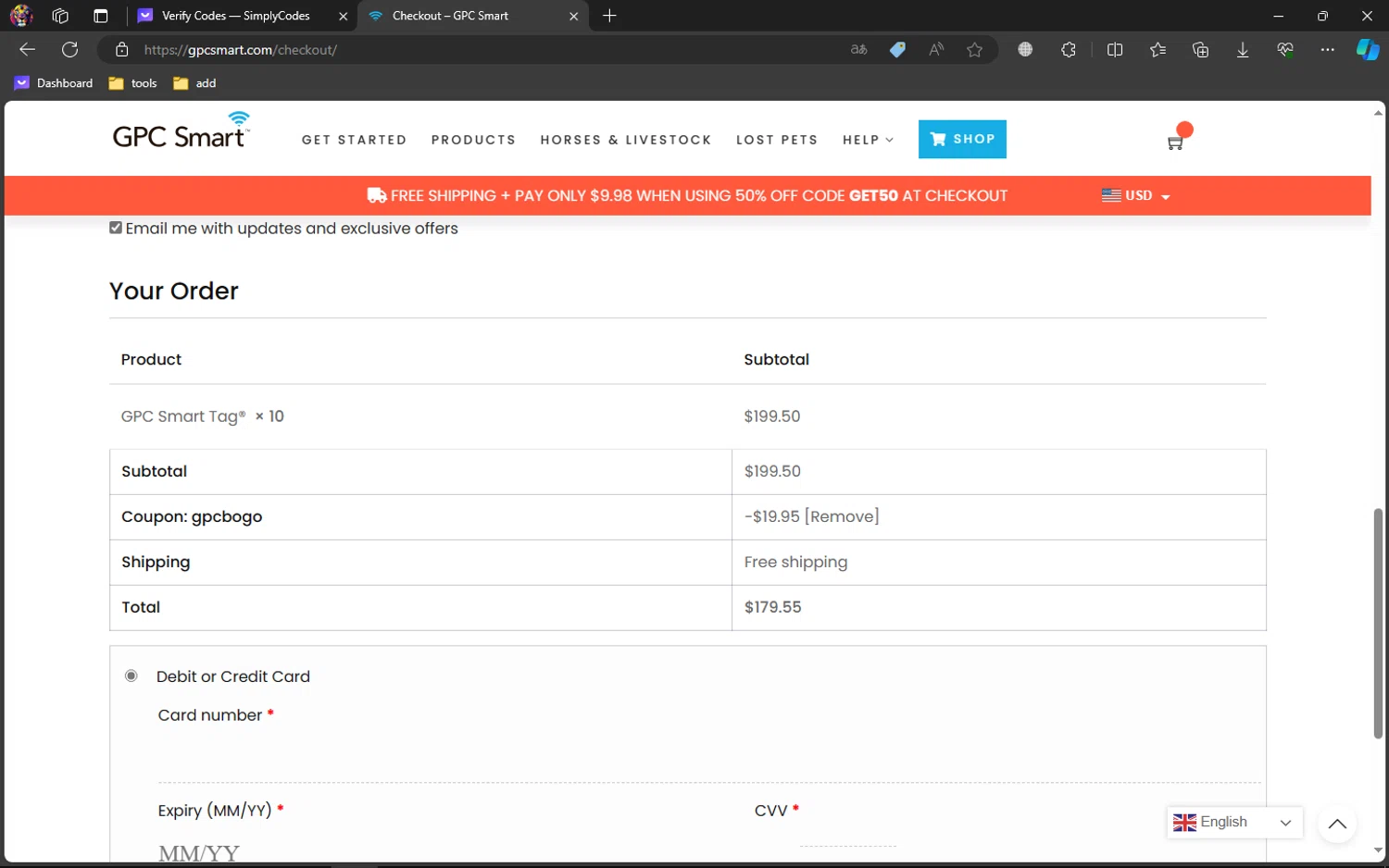 GPC Smart checkout page showing GPC Smart promo code box | Screenshot taken by SimplyCodes community member on Mar 28, 2024