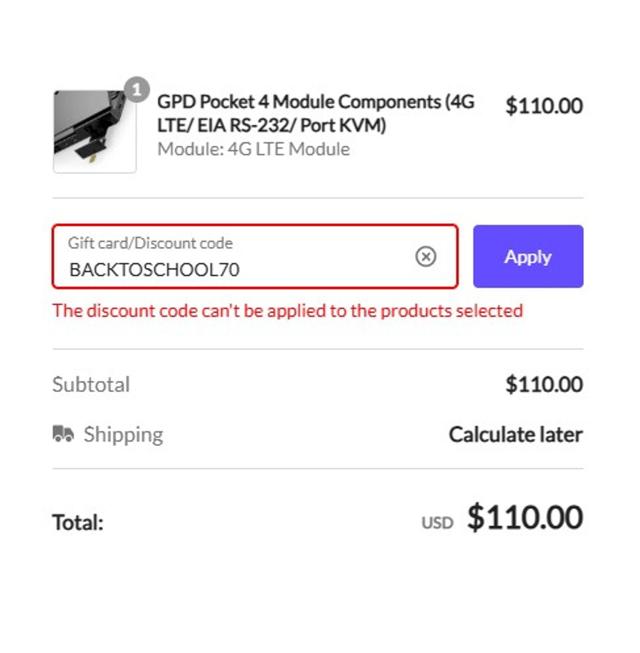 GPD-MiniPC checkout page showing GPD-MiniPC promo code box | Screenshot taken by SimplyCodes community member on Sep 5, 2025