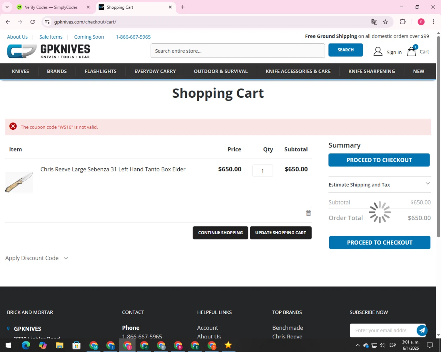 GPKnives discount code screenshot showing code WS10 applied at GPKnives checkout page. Uploaded by SimplyCodes community member 00000056 on Jan 6, 2026