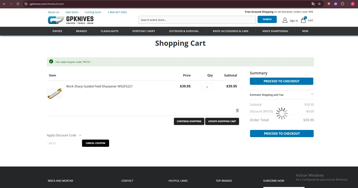 GPKnives discount code screenshot showing code WS10 applied at GPKnives checkout page. Uploaded by SimplyCodes community member CleverHawk3882 on Dec 5, 2025