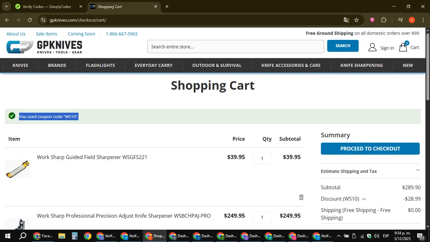 GPKnives discount code screenshot showing code WS10 applied at GPKnives checkout page. Uploaded by SimplyCodes community member ShrewdAce8338 on Dec 6, 2025