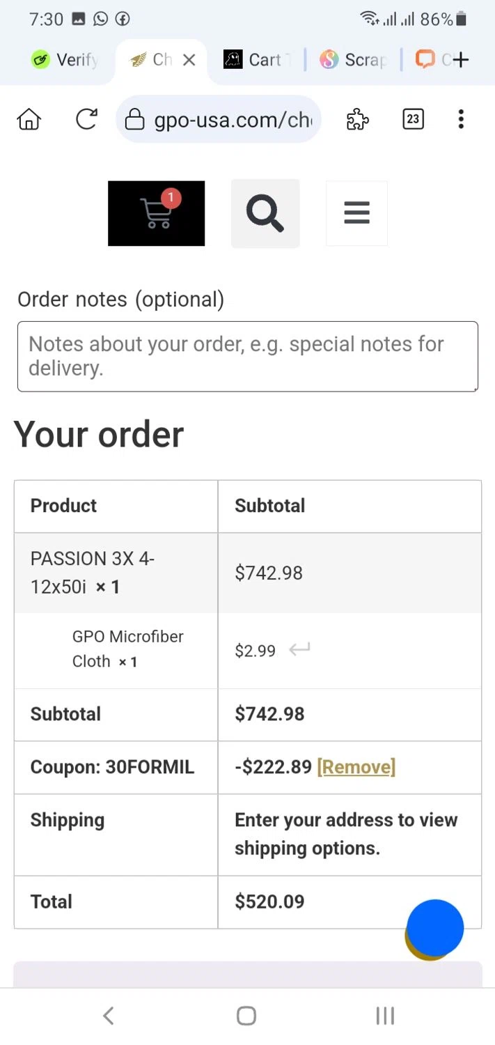 GPO USA promo code screenshot showing code 30formil applied at GPO USA checkout page. Uploaded by SimplyCodes community member menotychire on Jun 28, 2025