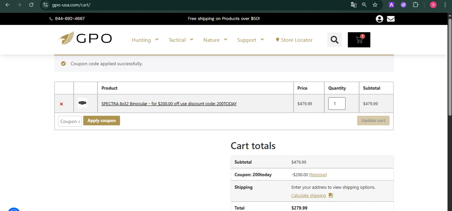 GPO USA promo code screenshot showing code 200TODAY applied at GPO USA checkout page. Uploaded by SimplyCodes community member MoneyFalcon481 on Dec 6, 2025