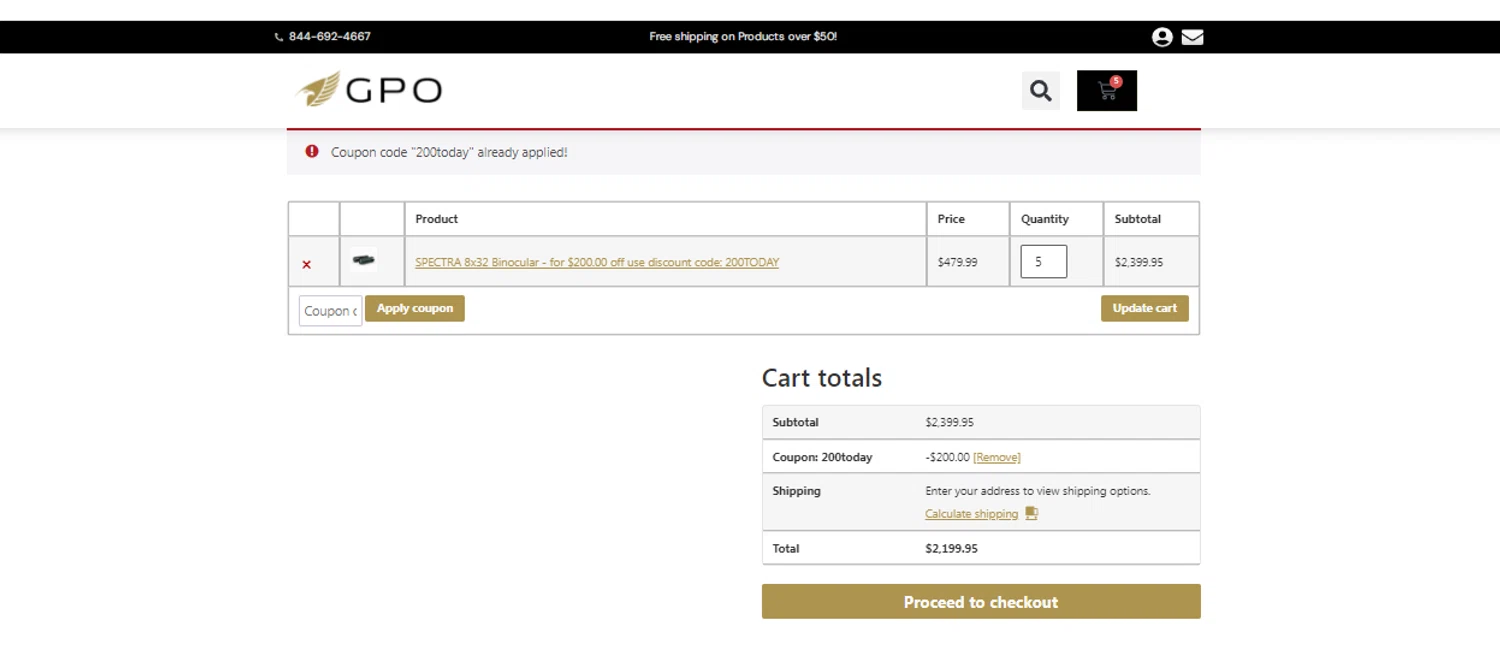 GPO USA promo code screenshot showing code 200TODAY applied at GPO USA checkout page. Uploaded by SimplyCodes community member obito1234 on Dec 12, 2025