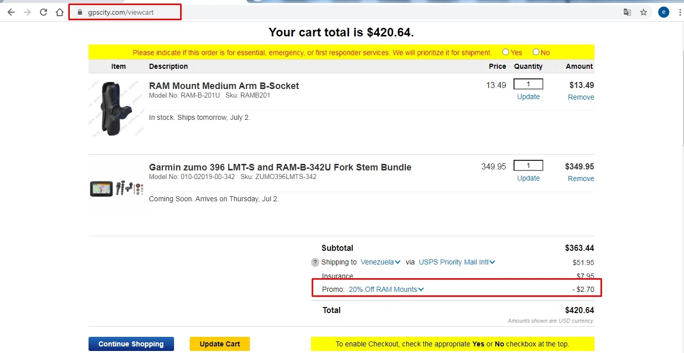 GPS City checkout page showing GPS City promo code box | Screenshot taken by SimplyCodes community member on Jul 1, 2020