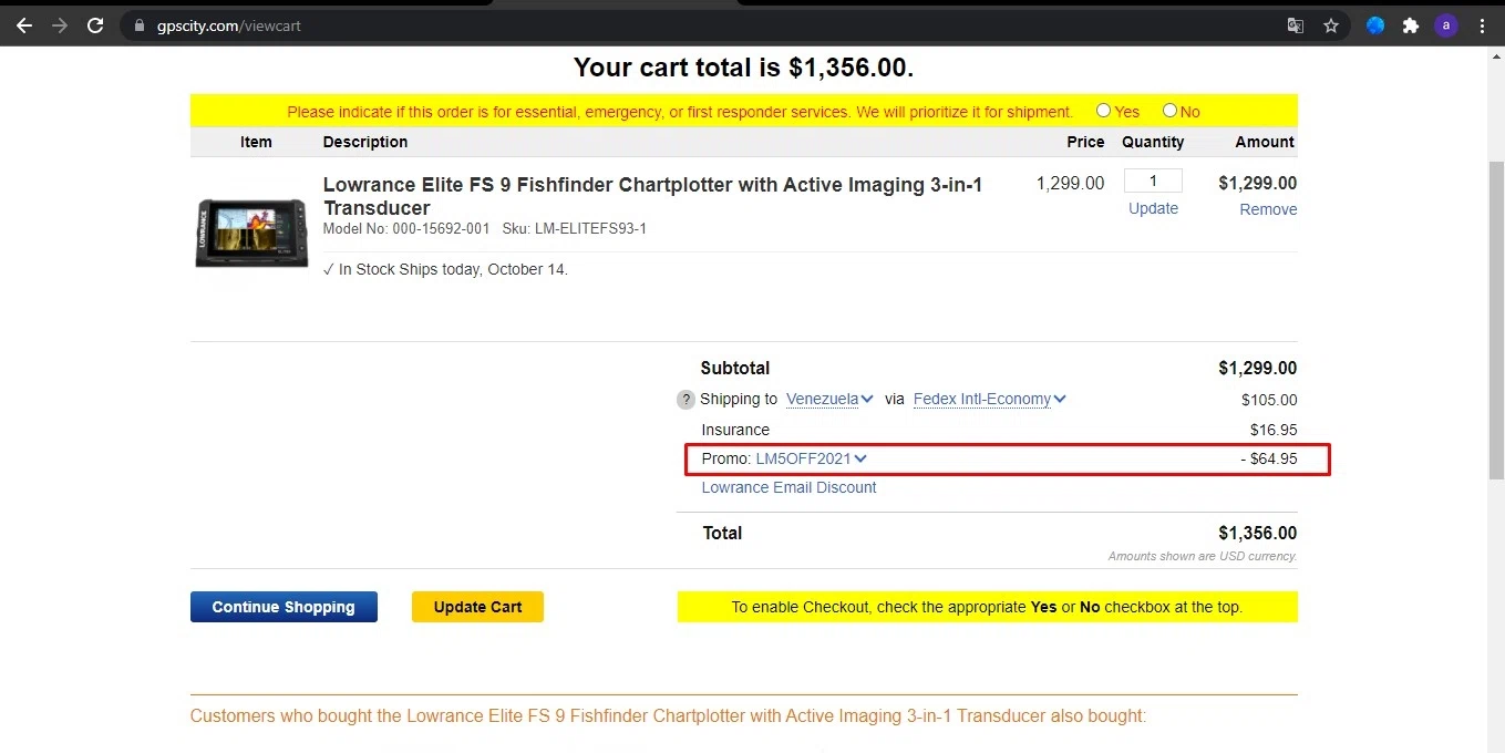 GPS City checkout page showing GPS City promo code box | Screenshot taken by SimplyCodes community member on Oct 14, 2021