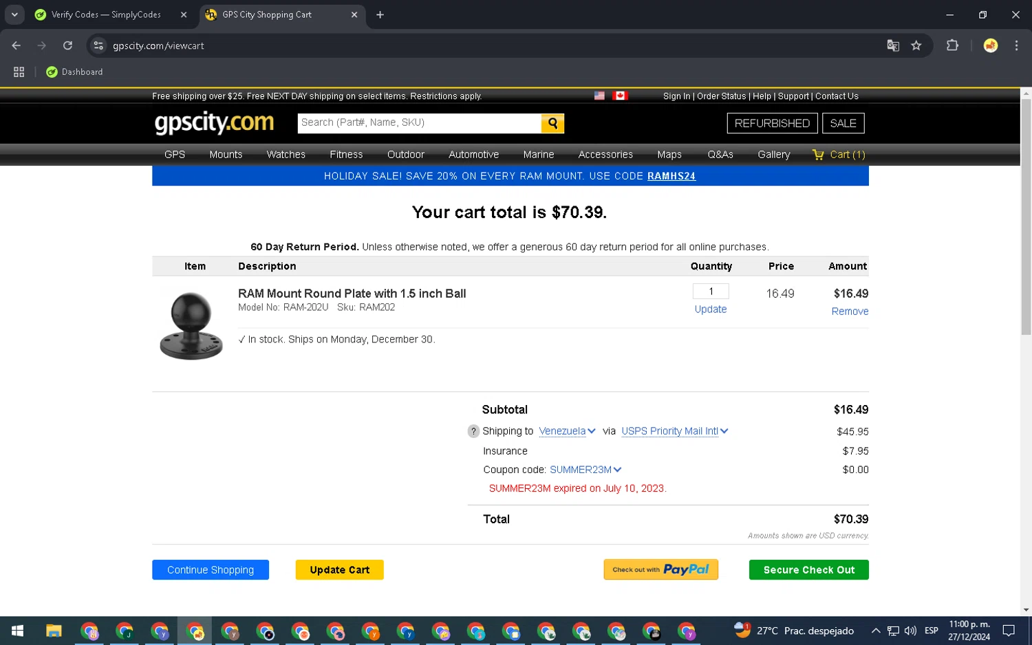 GPS City promo code screenshot showing code SUMMER23M applied at GPS City checkout page. Uploaded by SimplyCodes community member WonderGenius7678 on Dec 28, 2024