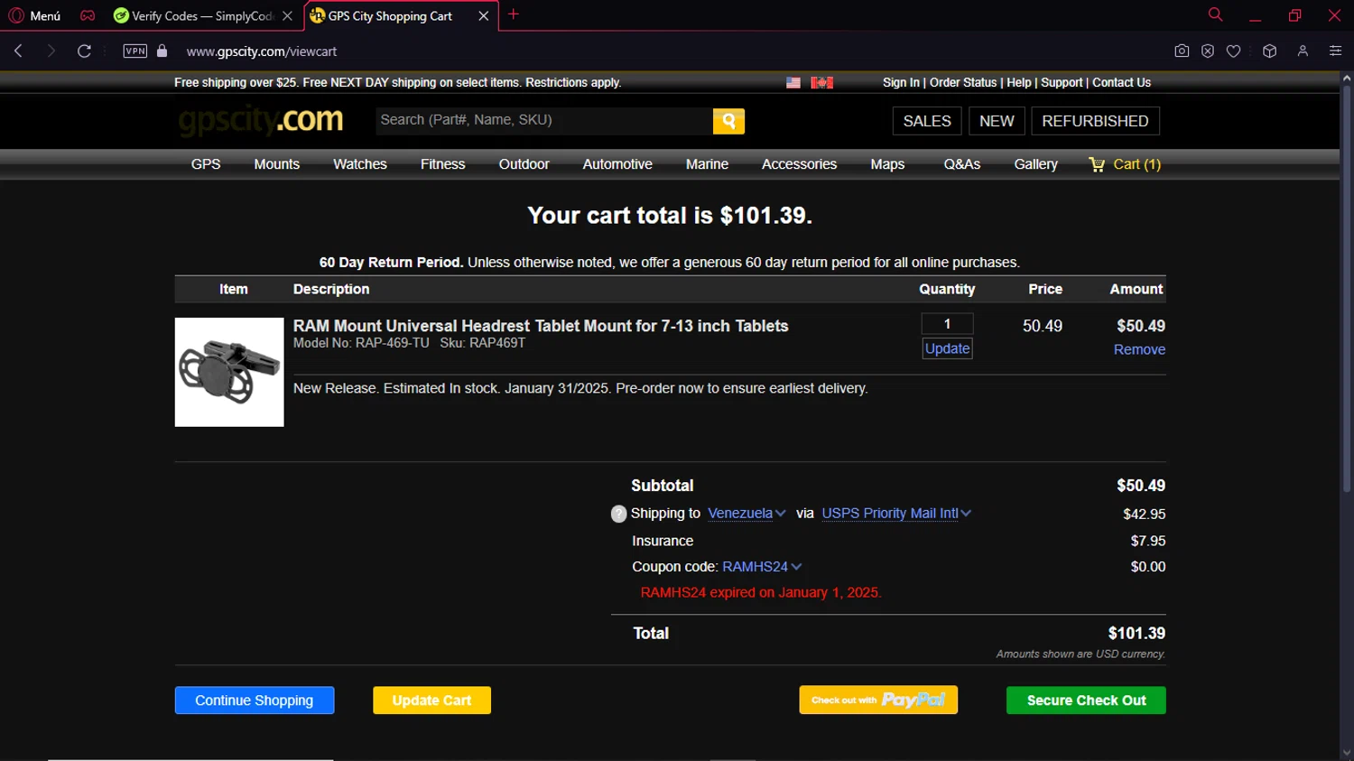 GPS City promo code screenshot showing code RAMHS24 applied at GPS City checkout page. Uploaded by SimplyCodes community member KeiJJ18 on Jan 17, 2025