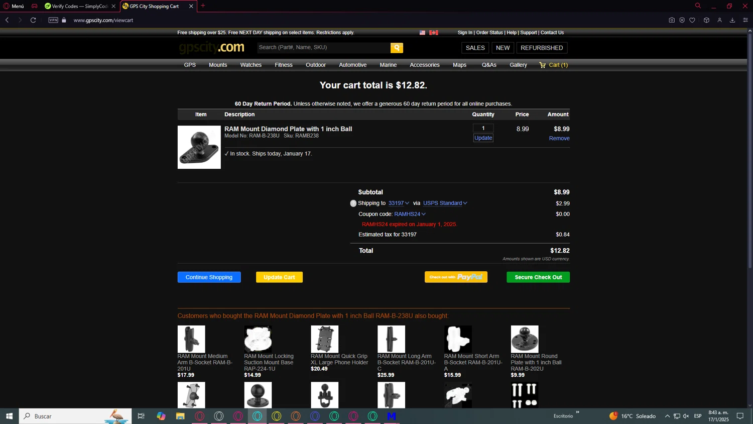 GPS City promo code screenshot showing code RAMHS24 applied at GPS City checkout page. Uploaded by SimplyCodes community member GoldRanger3764 on Jan 17, 2025